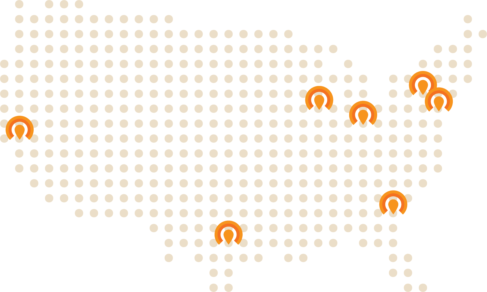 A stylized map of the United States, made from a grid of many dots. Some dots have pinpoints with the CINQCARE logomark, highlighting the CINQCARE community locations across the United States.